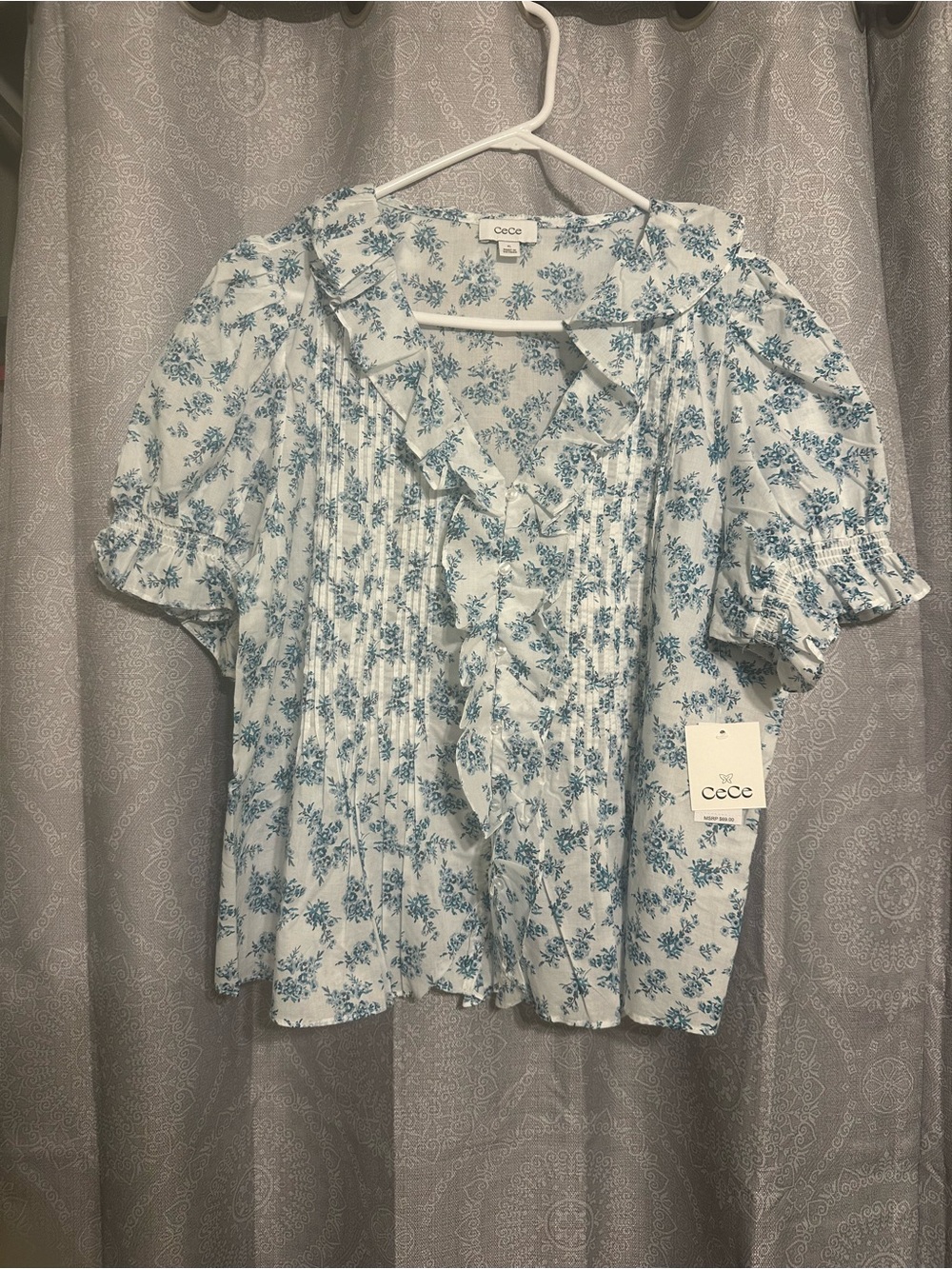 CeCe White and Blue Floral Ruffle Pintuck Blouse